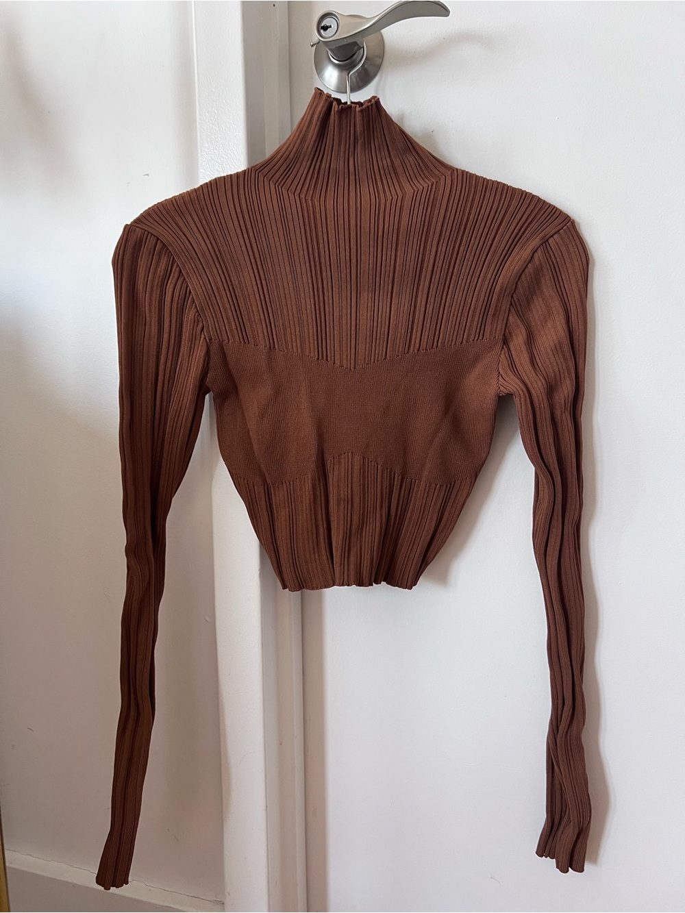 Ribbed Mock Neck Crop Sweater in Burnt Orange/Brown